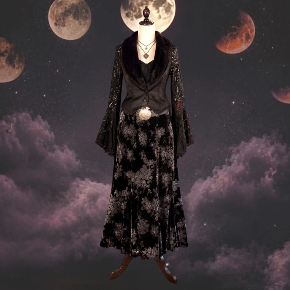 Black Floral Velvet Midi Skirt 16W | Whimsigoth Romantic Goth